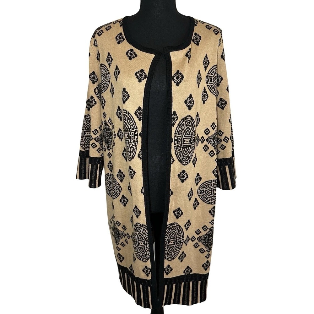 Chico's Women's 1 MED Open Front Cardigan Black Tan Geometric Artsy Sweater